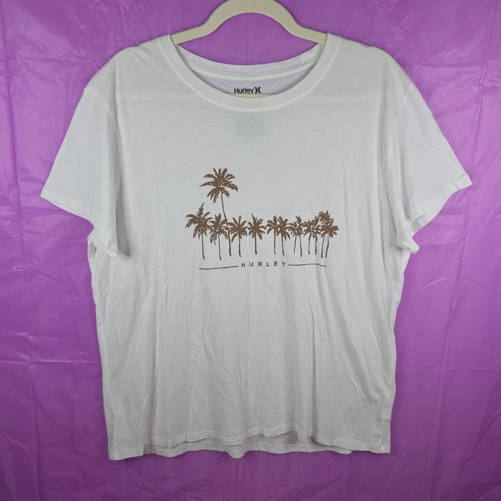 Hurley Palm Tree Graphic T-Shirt White Brown Large 100% Cotton